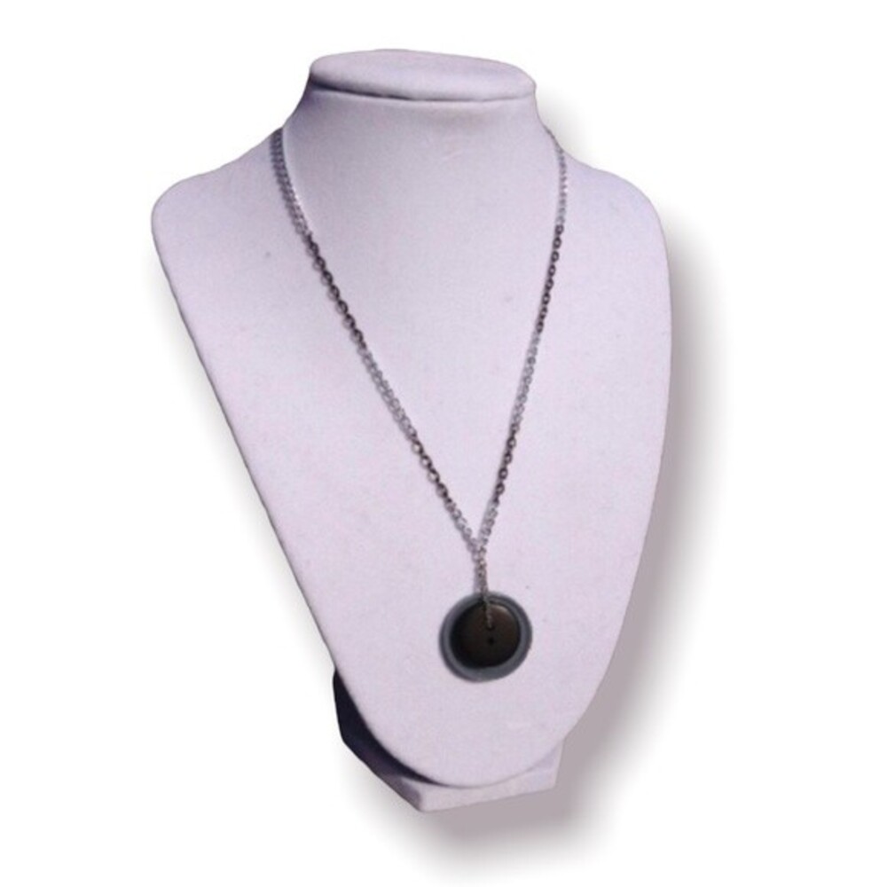 Handmade Button Necklace Stacked Blue Button Pendant on Two Tone Chain